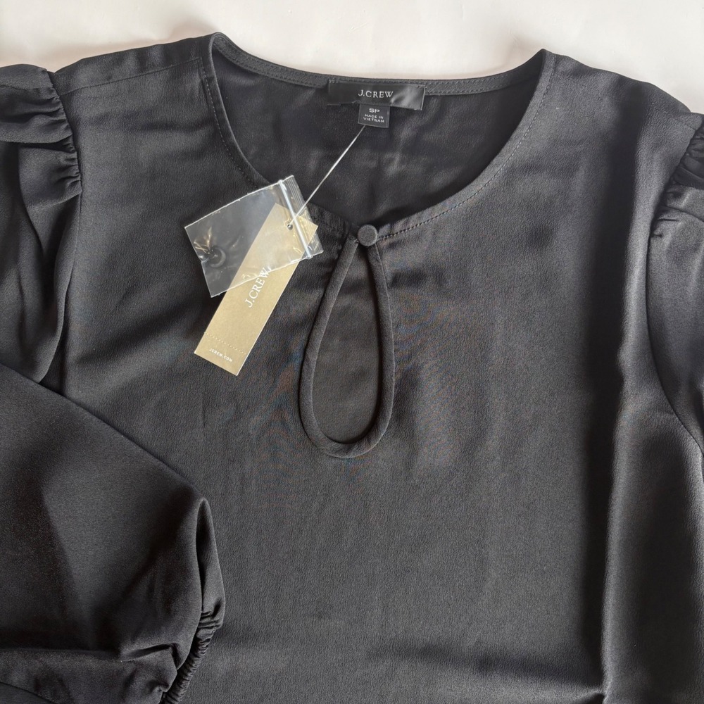 J.Crew Black Keyhole Neckline Puff Sleeve Blouse Top SP Petite Small Crepe NWT